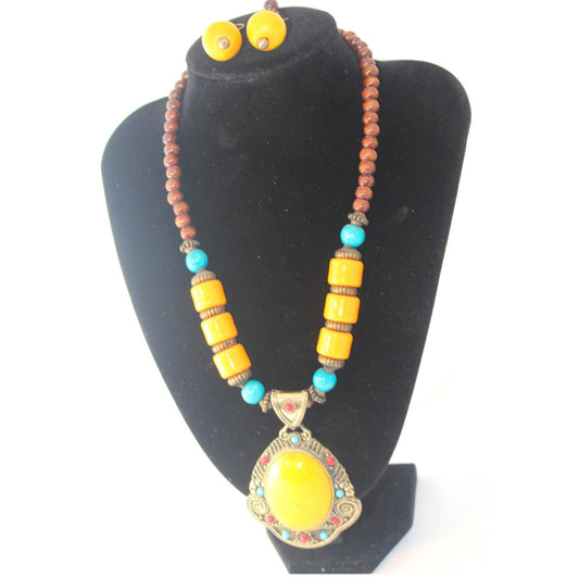 Tribal Bronze Bead Necklace with Oval Pendant & Earrings