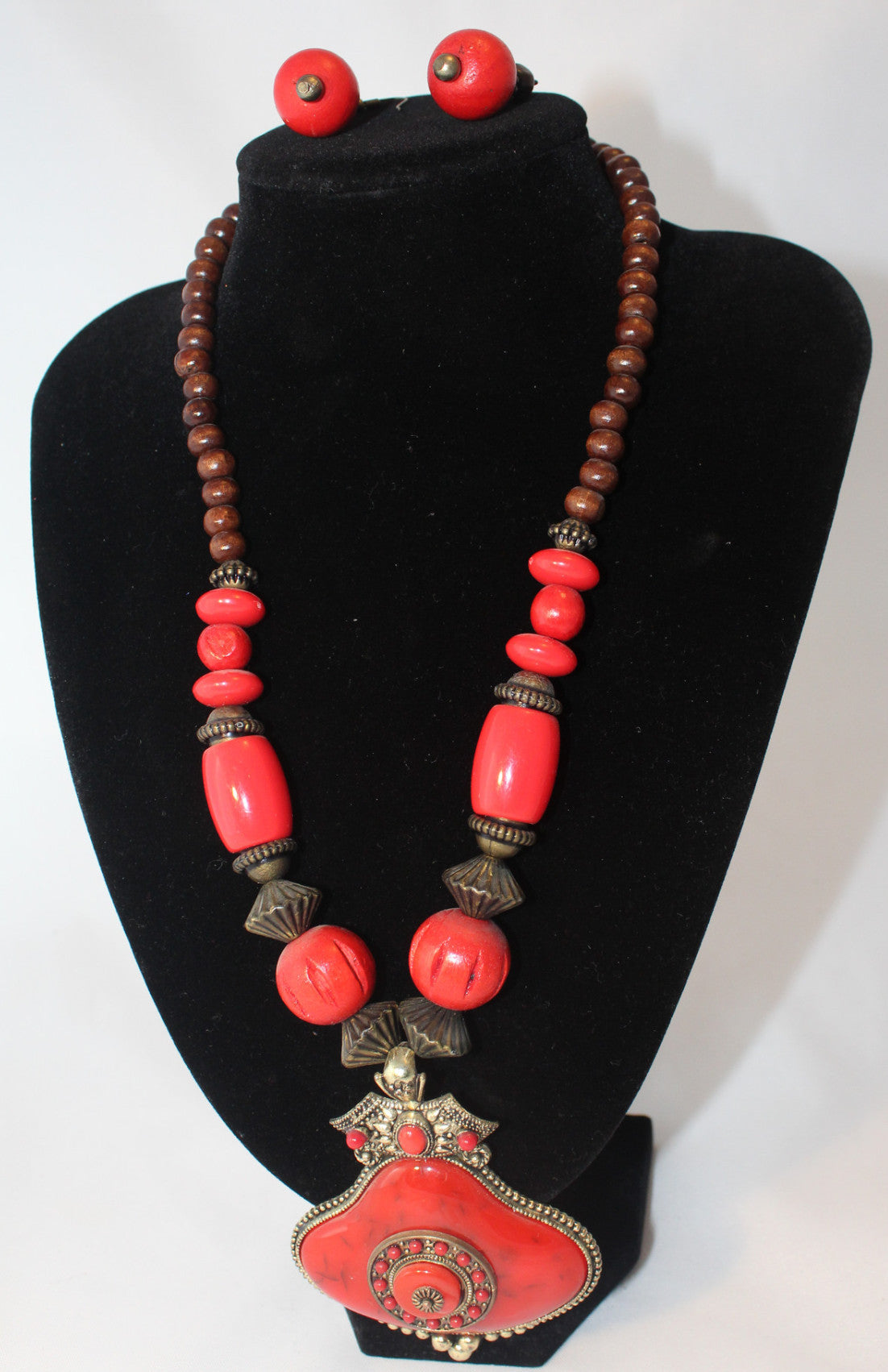 Colorful Tribal Bronze Bead Necklace with Red Pendant and Earrings - Nubian Goods